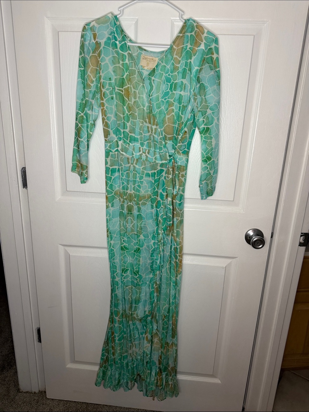 Seafoam Green Patterned Wrap Maxi Dress with Tie Waist